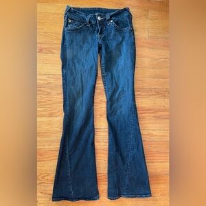 Women’s True Religion 28 Dark Blue Wash Twisted Seam Flare Jeans